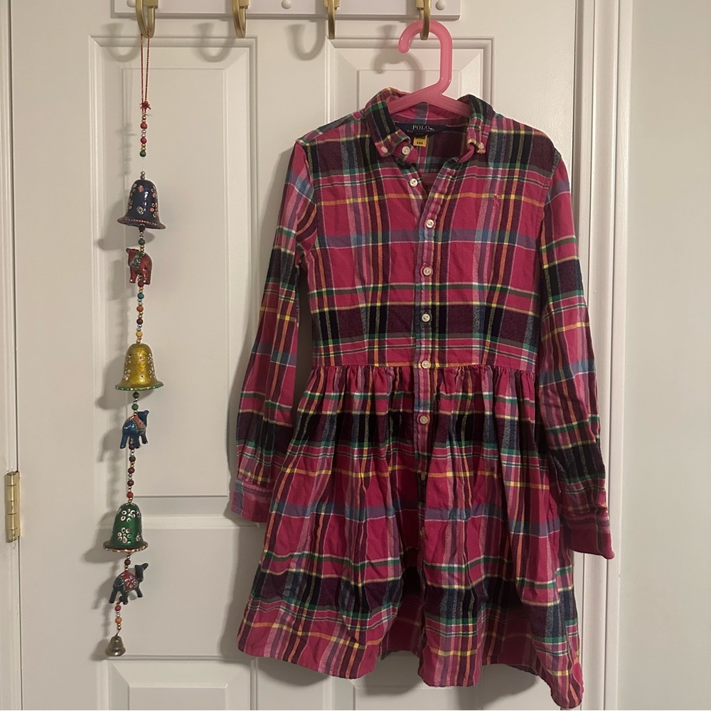 Polo by Ralph Lauren Pink Plaid Fit and Flare Dress with Bishop Sleeves
